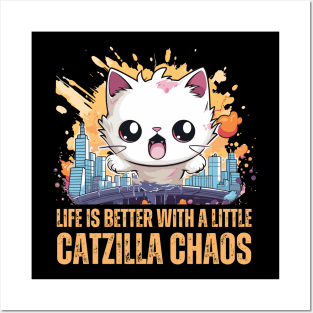 Funny Cute Catzilla Rampaging in a City Posters and Art